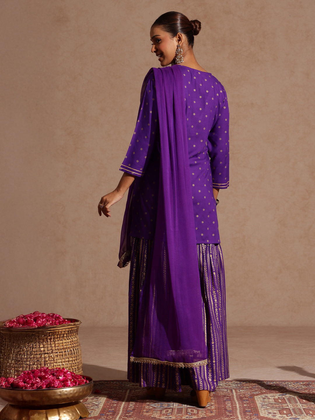 Ninnique Women's Purple Rayon Gold Printed Short Kurti With Sharara & Dupatta Set
