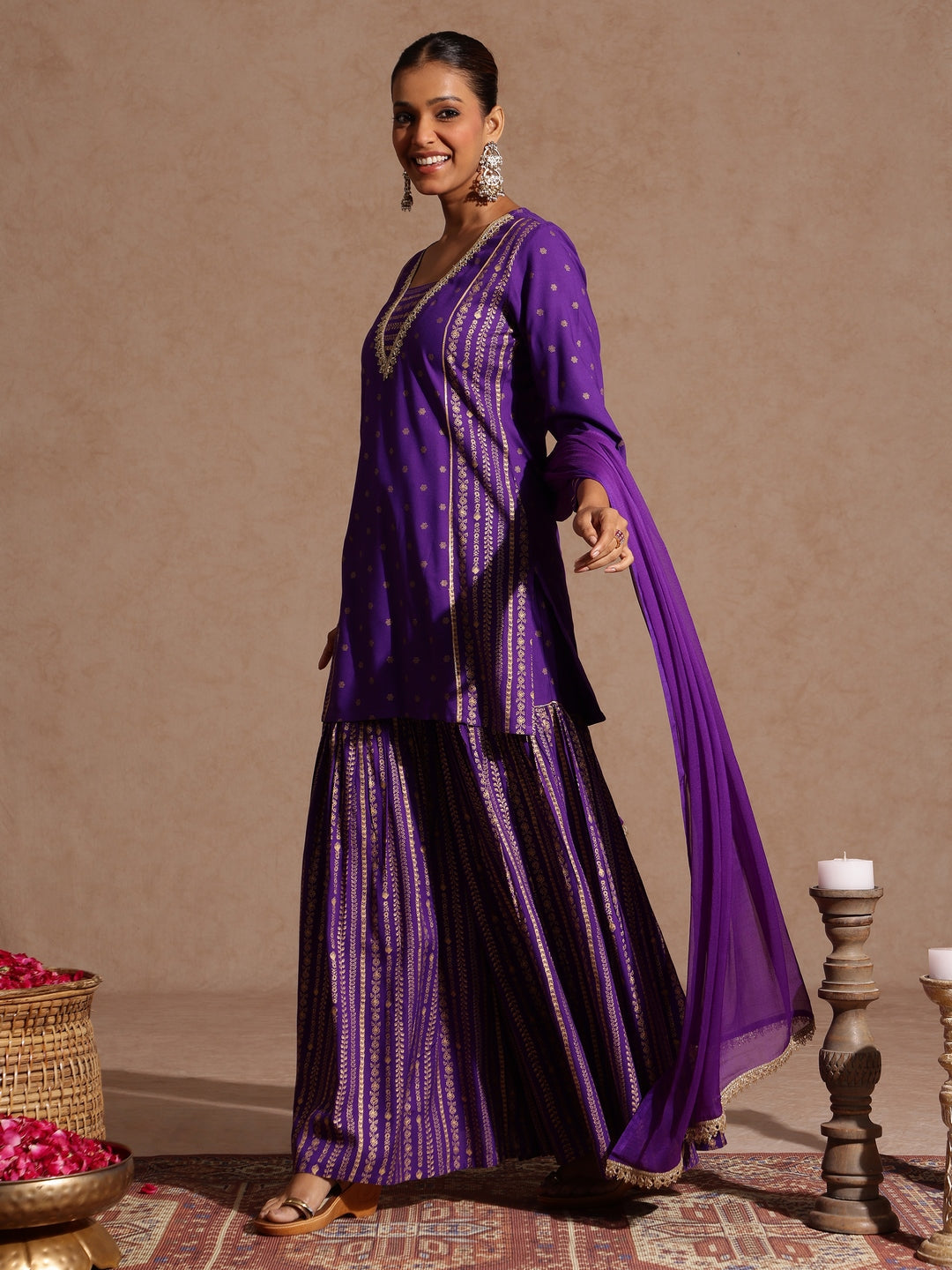 Ninnique Women's Purple Rayon Gold Printed Short Kurti With Sharara & Dupatta Set