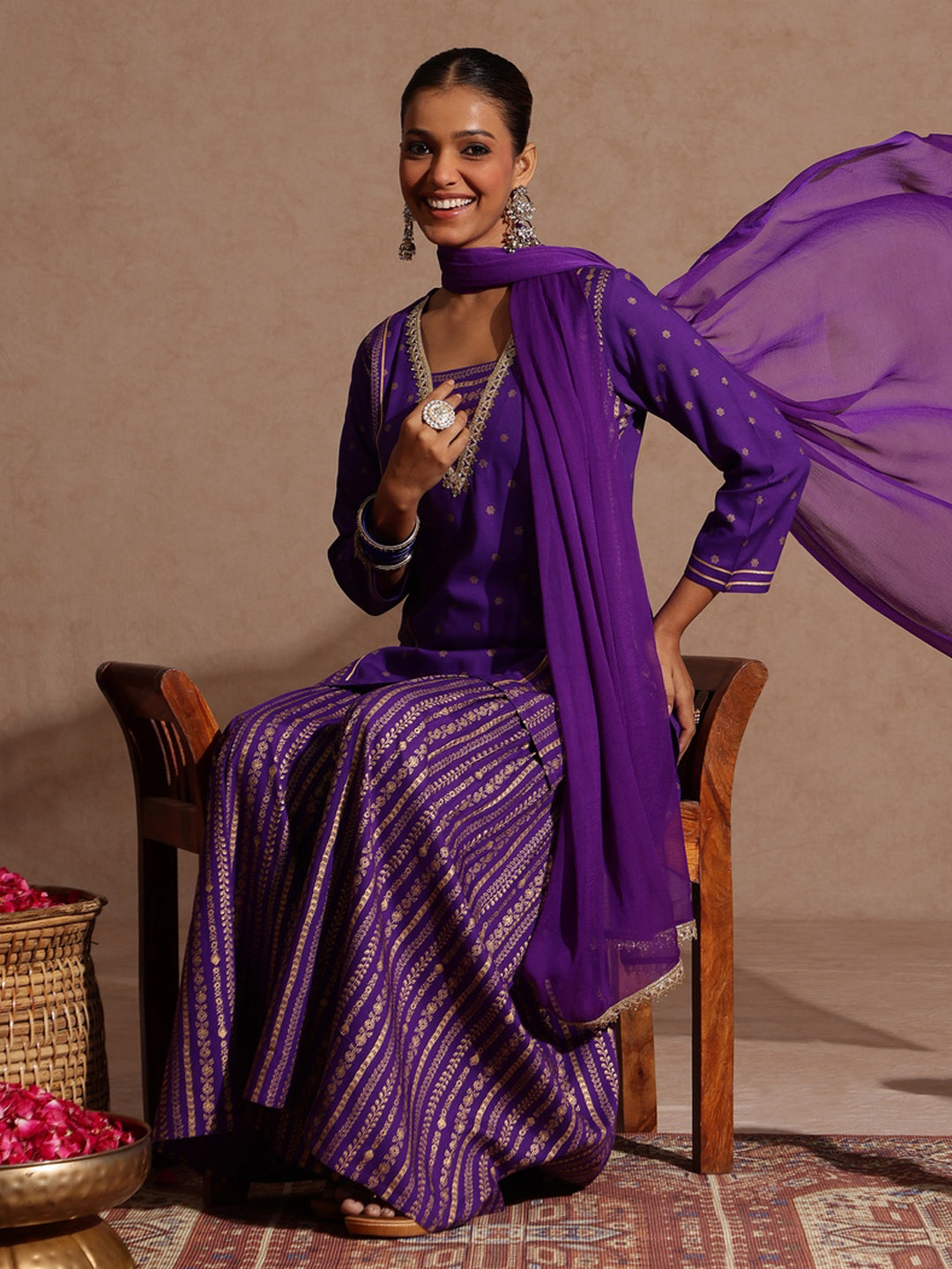 Ninnique Women's Purple Rayon Gold Printed Short Kurti With Sharara & Dupatta Set
