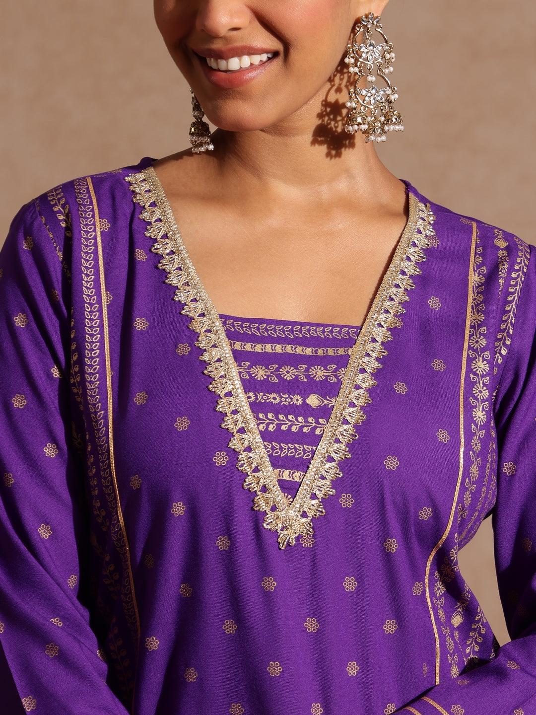 Ninnique Women's Purple Rayon Gold Printed Short Kurti With Sharara & Dupatta Set