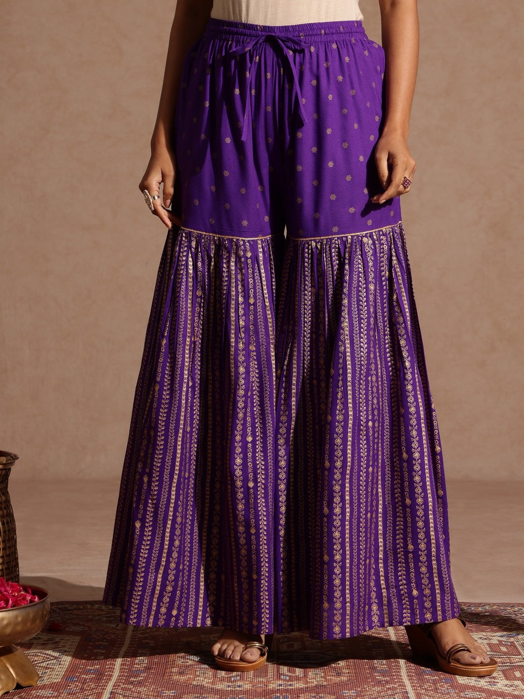 Ninnique Women's Purple Rayon Gold Printed Short Kurti With Sharara & Dupatta Set