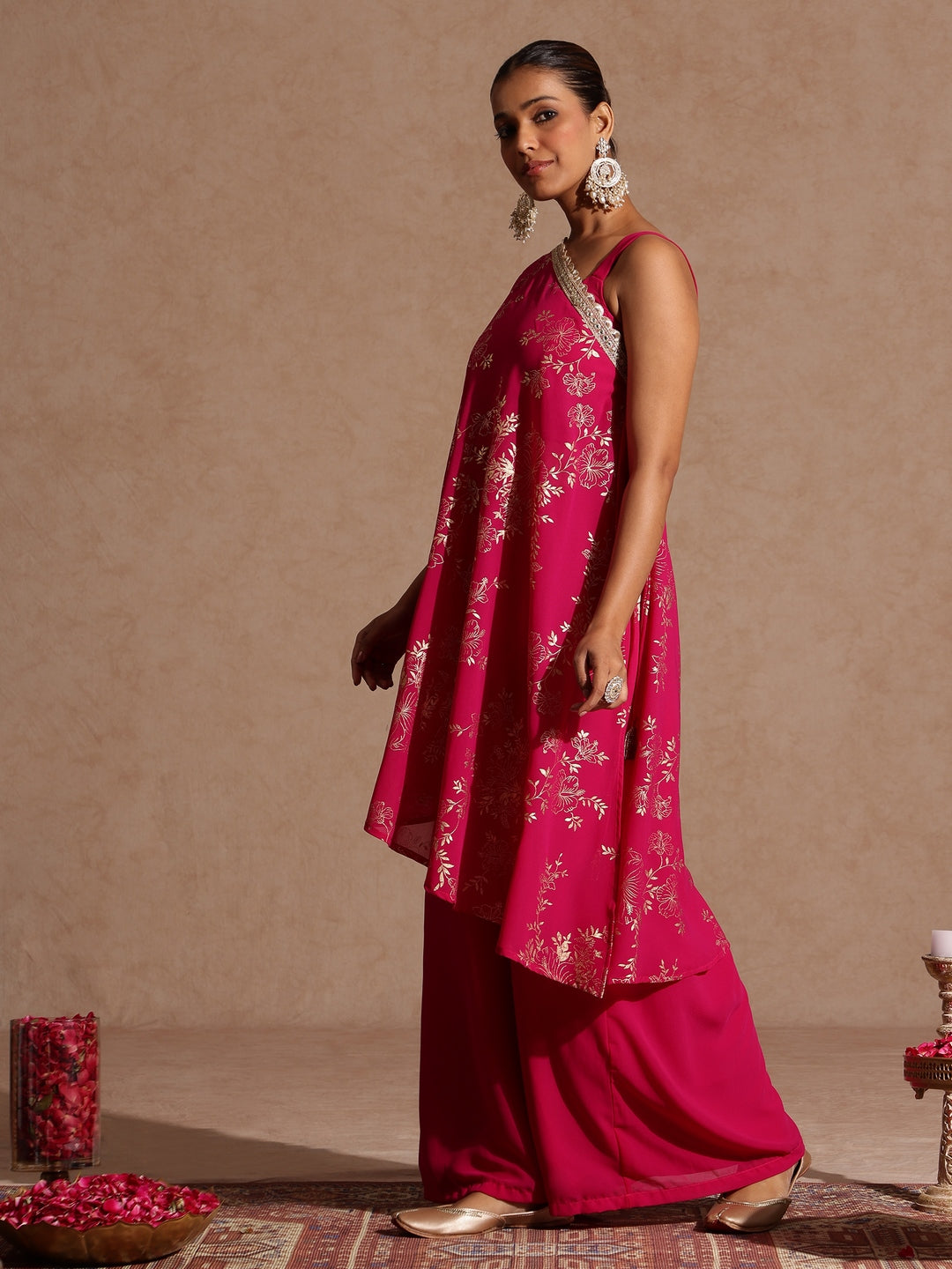 Ninnique Women's Pink Embellished Gold Printed Crop Top With Palazzo & Tie-up Cape Set