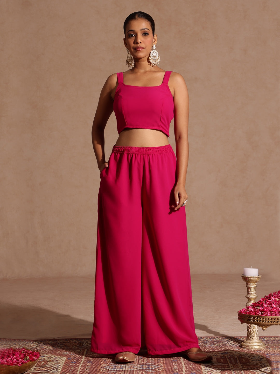Ninnique Women's Pink Embellished Gold Printed Crop Top With Palazzo & Tie-up Cape Set