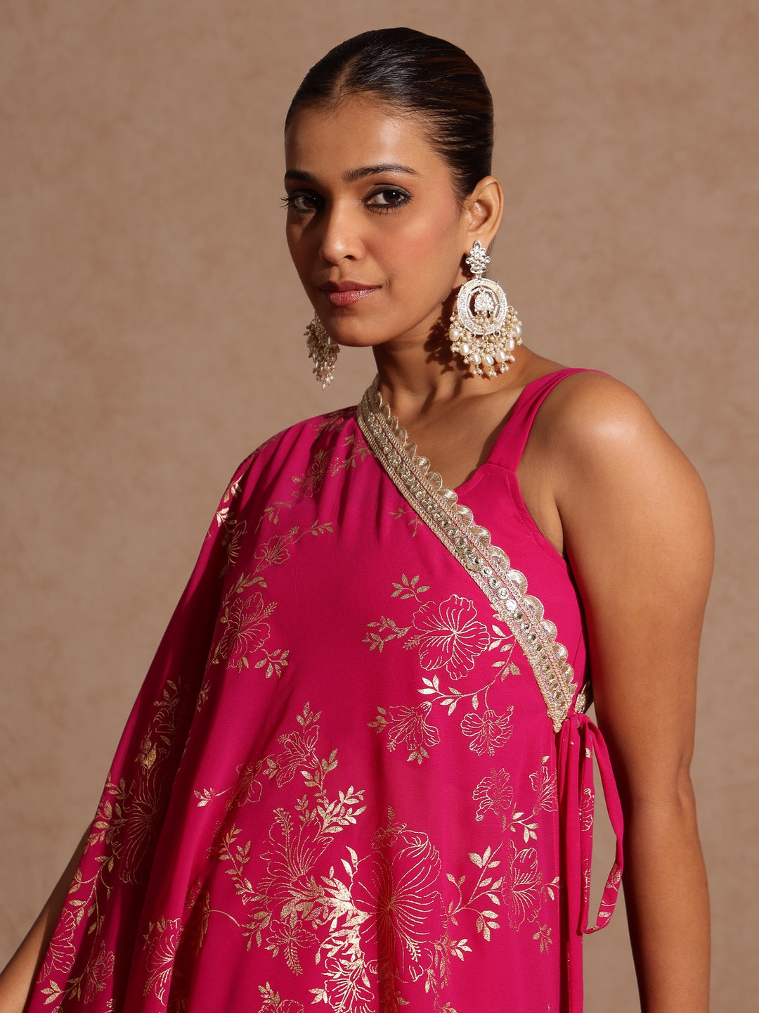 Ninnique Women's Pink Embellished Gold Printed Crop Top With Palazzo & Tie-up Cape Set