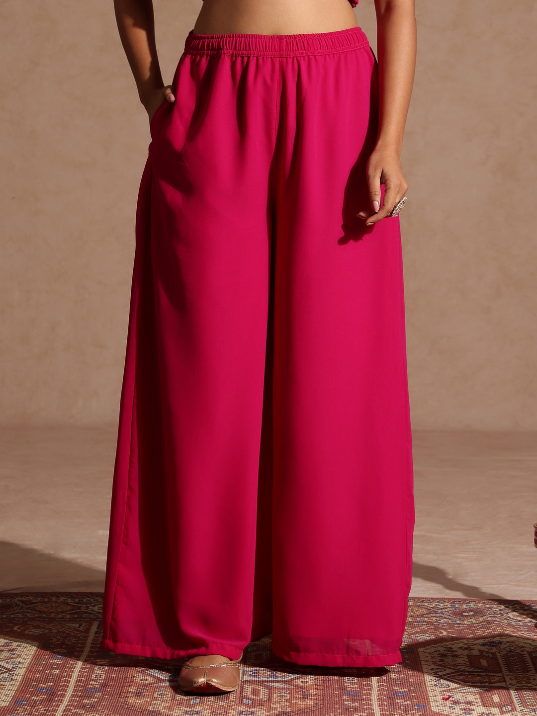 Ninnique Women's Pink Embellished Gold Printed Crop Top With Palazzo & Tie-up Cape Set