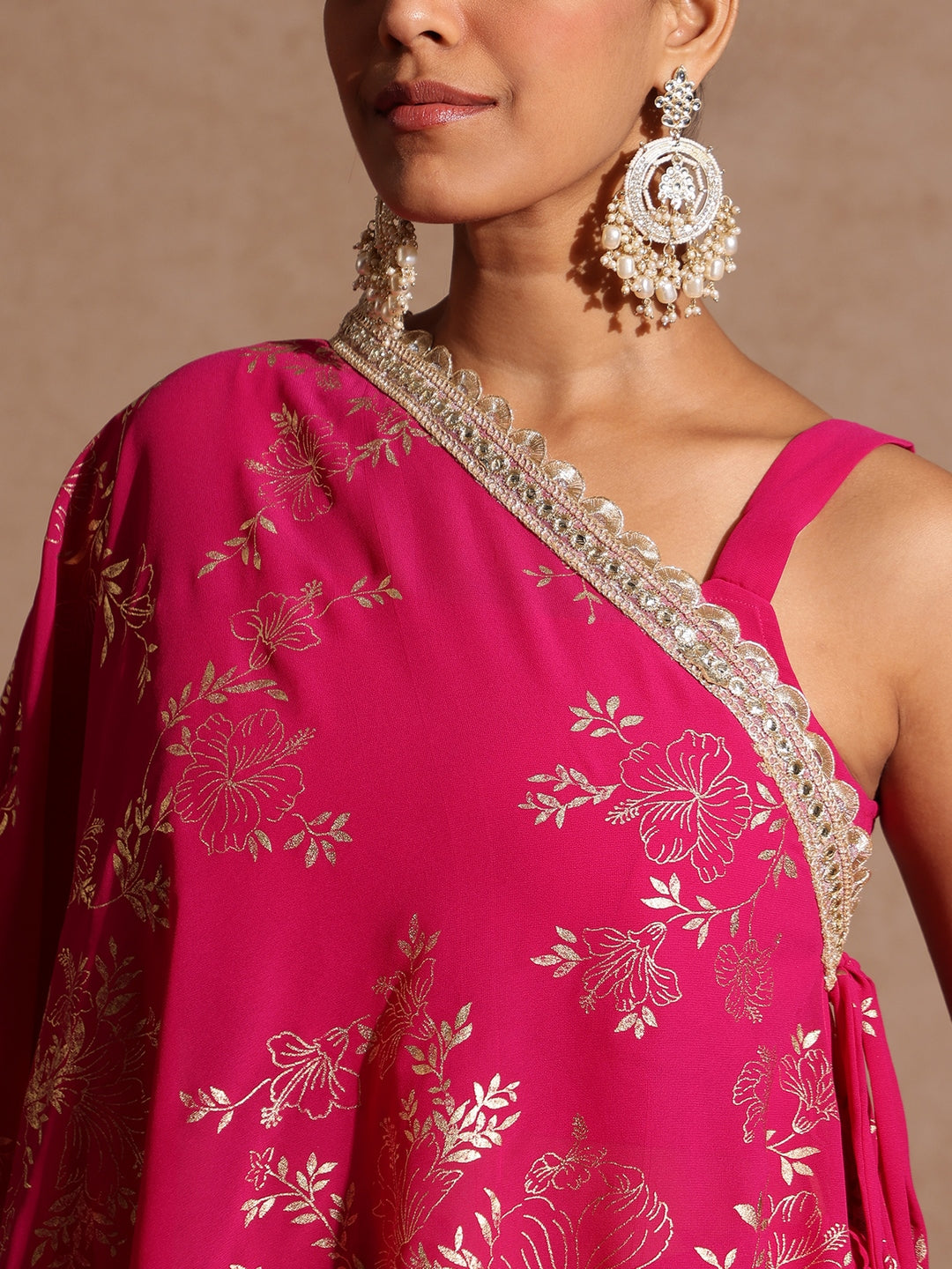 Ninnique Women's Pink Embellished Gold Printed Crop Top With Palazzo & Tie-up Cape Set
