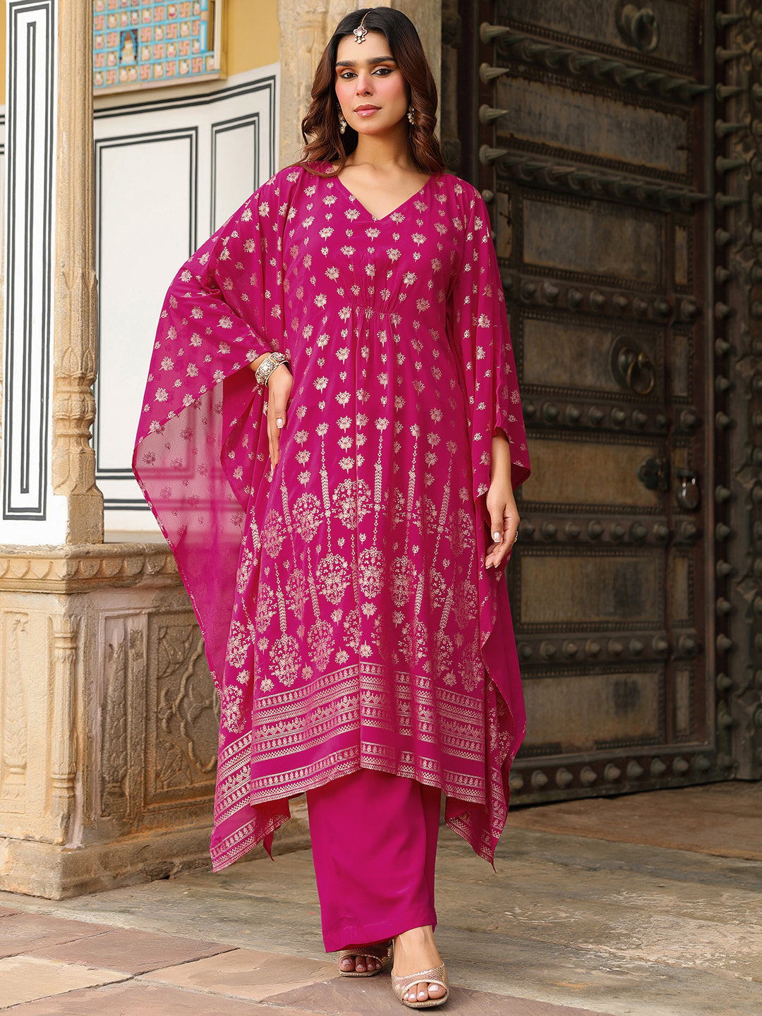 Ninnique Women's Pink Georgette Foil Printed Kaftan Kurta With Palazzo Set