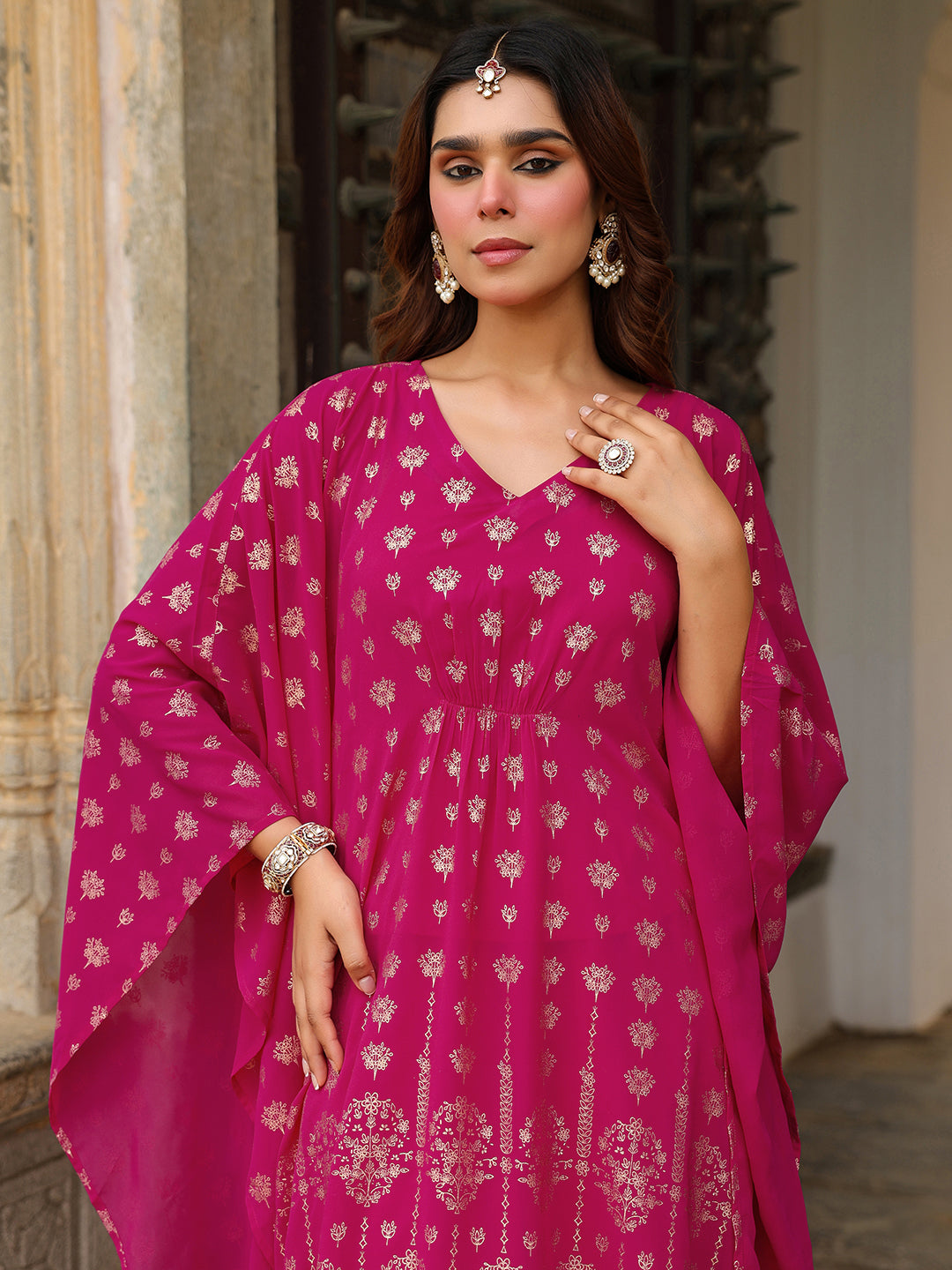 Ninnique Women's Pink Georgette Foil Printed Kaftan Kurta With Palazzo Set