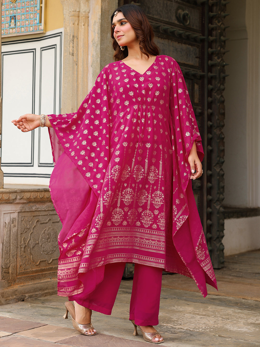 Ninnique Women's Pink Georgette Foil Printed Kaftan Kurta With Palazzo Set