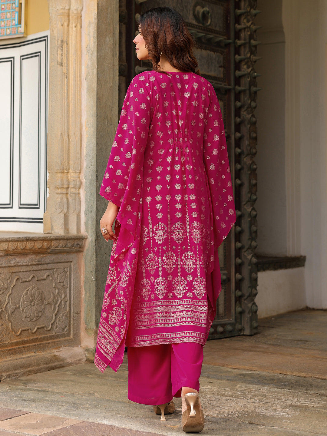 Ninnique Women's Pink Georgette Foil Printed Kaftan Kurta With Palazzo Set