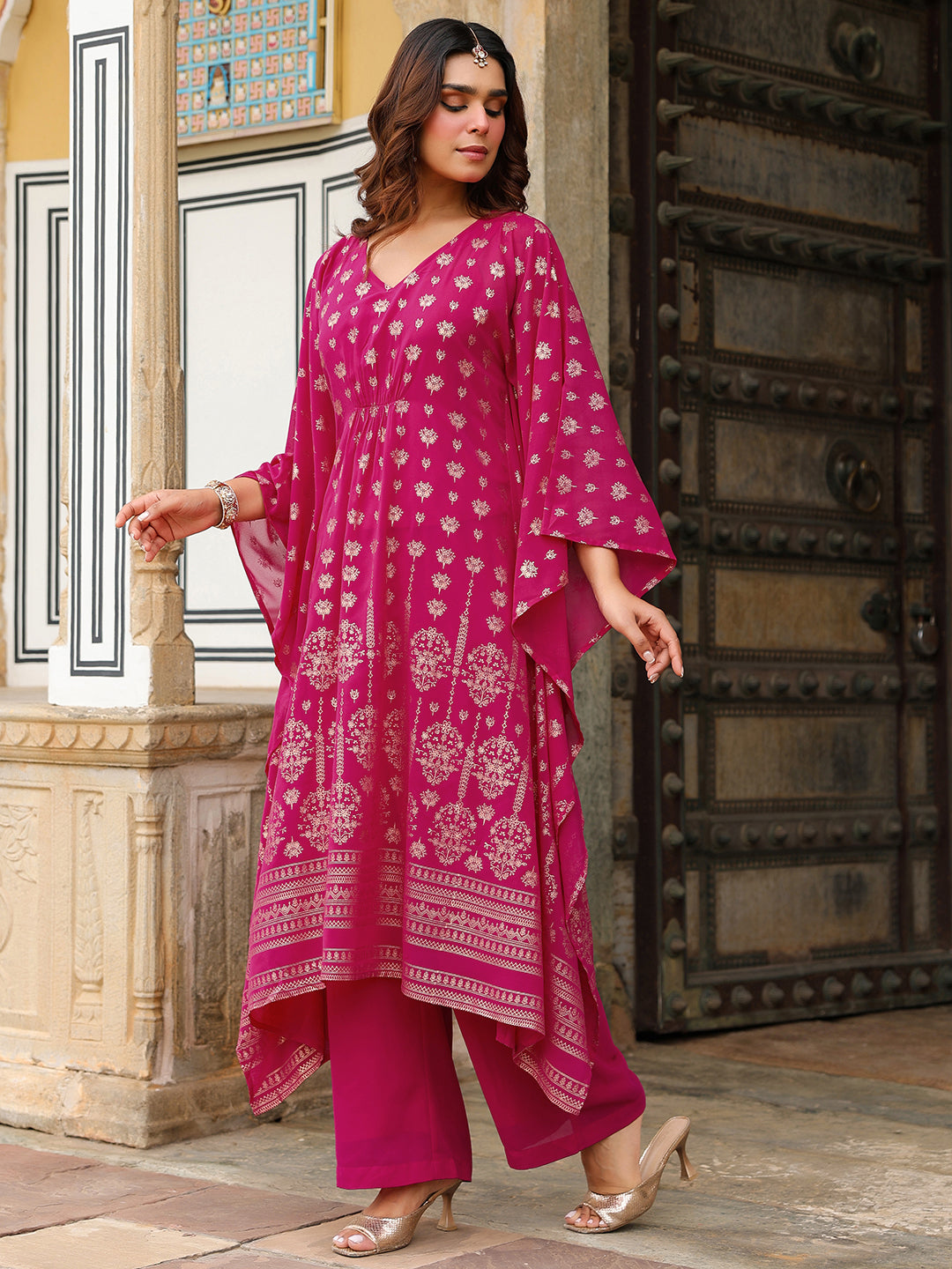 Ninnique Women's Pink Georgette Foil Printed Kaftan Kurta With Palazzo Set