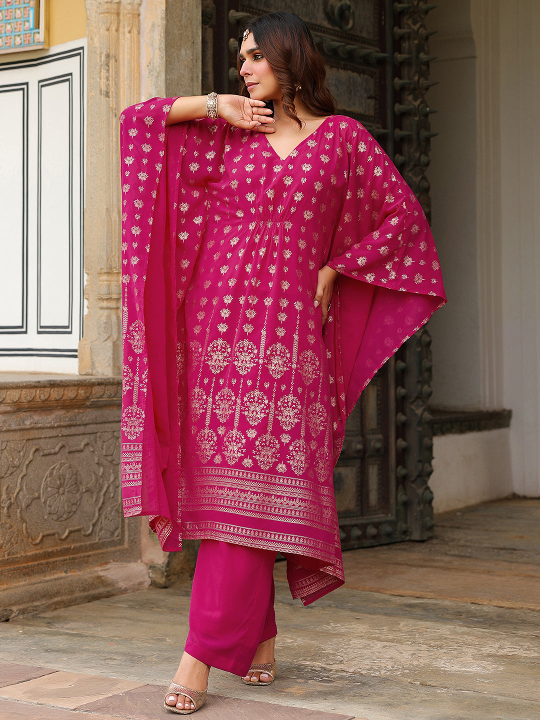 Ninnique Women's Pink Georgette Foil Printed Kaftan Kurta With Palazzo Set