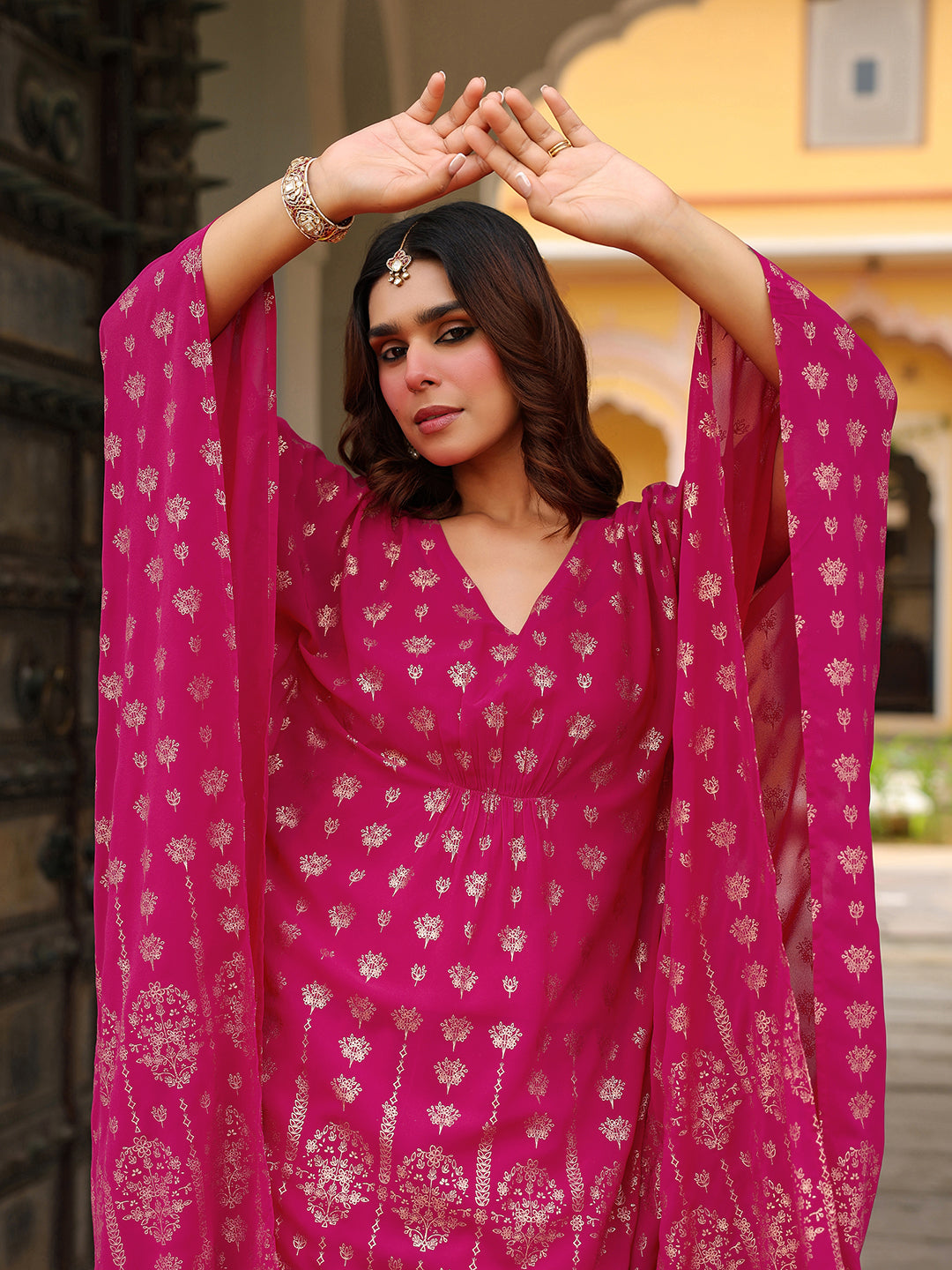 Ninnique Women's Pink Georgette Foil Printed Kaftan Kurta With Palazzo Set