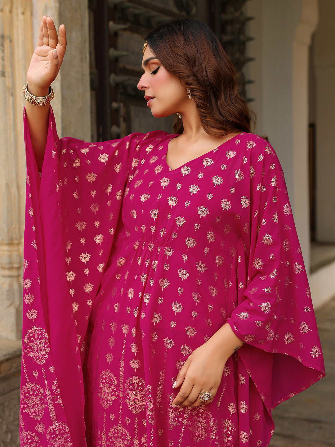 Ninnique Women's Pink Georgette Foil Printed Kaftan Kurta With Palazzo Set