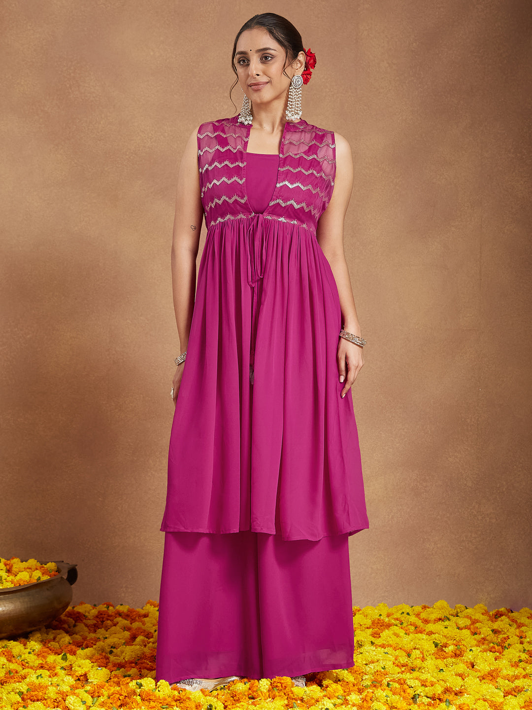 Ninnique Women's Pink Georgette Sequined Front Slit Kurta With Crop Top Palazzo Set