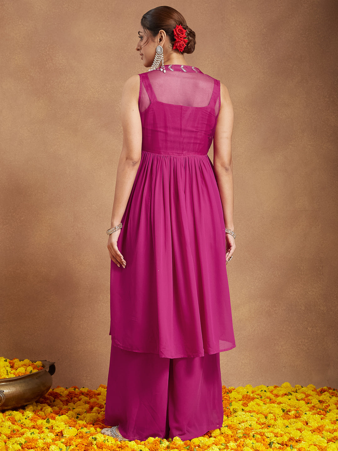 Ninnique Women's Pink Georgette Sequined Front Slit Kurta With Crop Top Palazzo Set