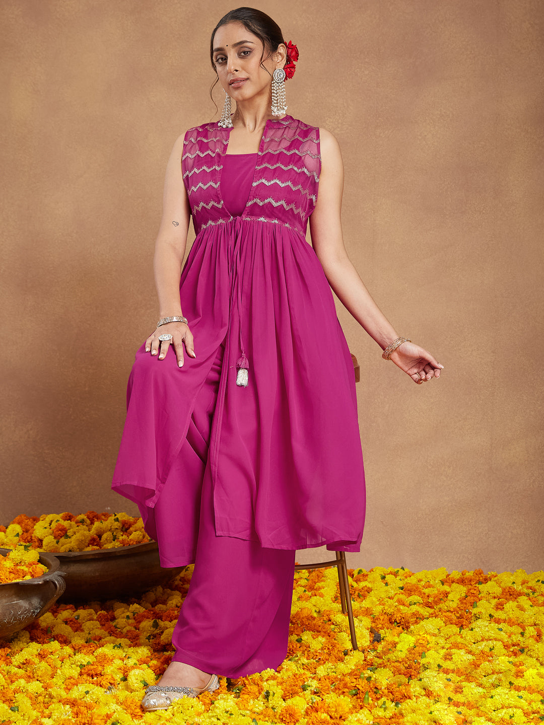 Ninnique Women's Pink Georgette Sequined Front Slit Kurta With Crop Top Palazzo Set