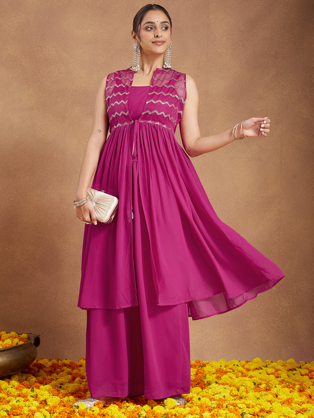 Ninnique Women's Pink Georgette Sequined Front Slit Kurta With Crop Top Palazzo Set