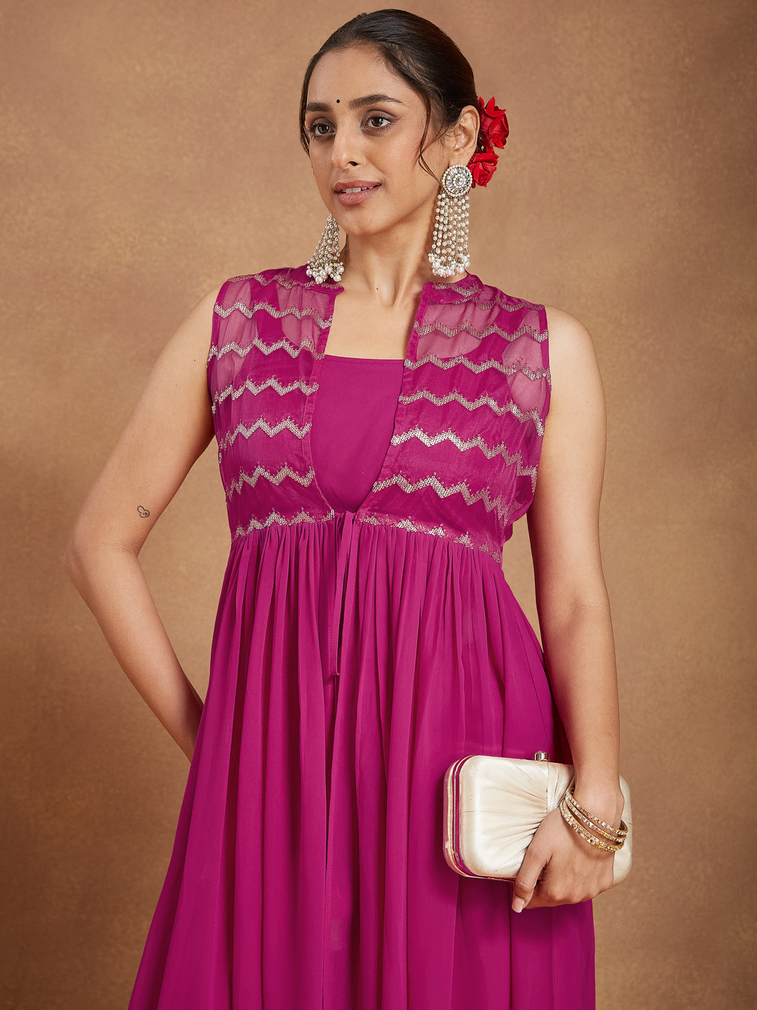 Ninnique Women's Pink Georgette Sequined Front Slit Kurta With Crop Top Palazzo Set