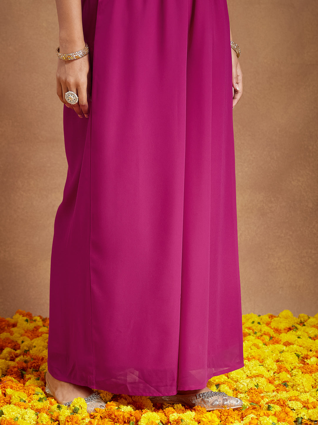 Ninnique Women's Pink Georgette Sequined Front Slit Kurta With Crop Top Palazzo Set