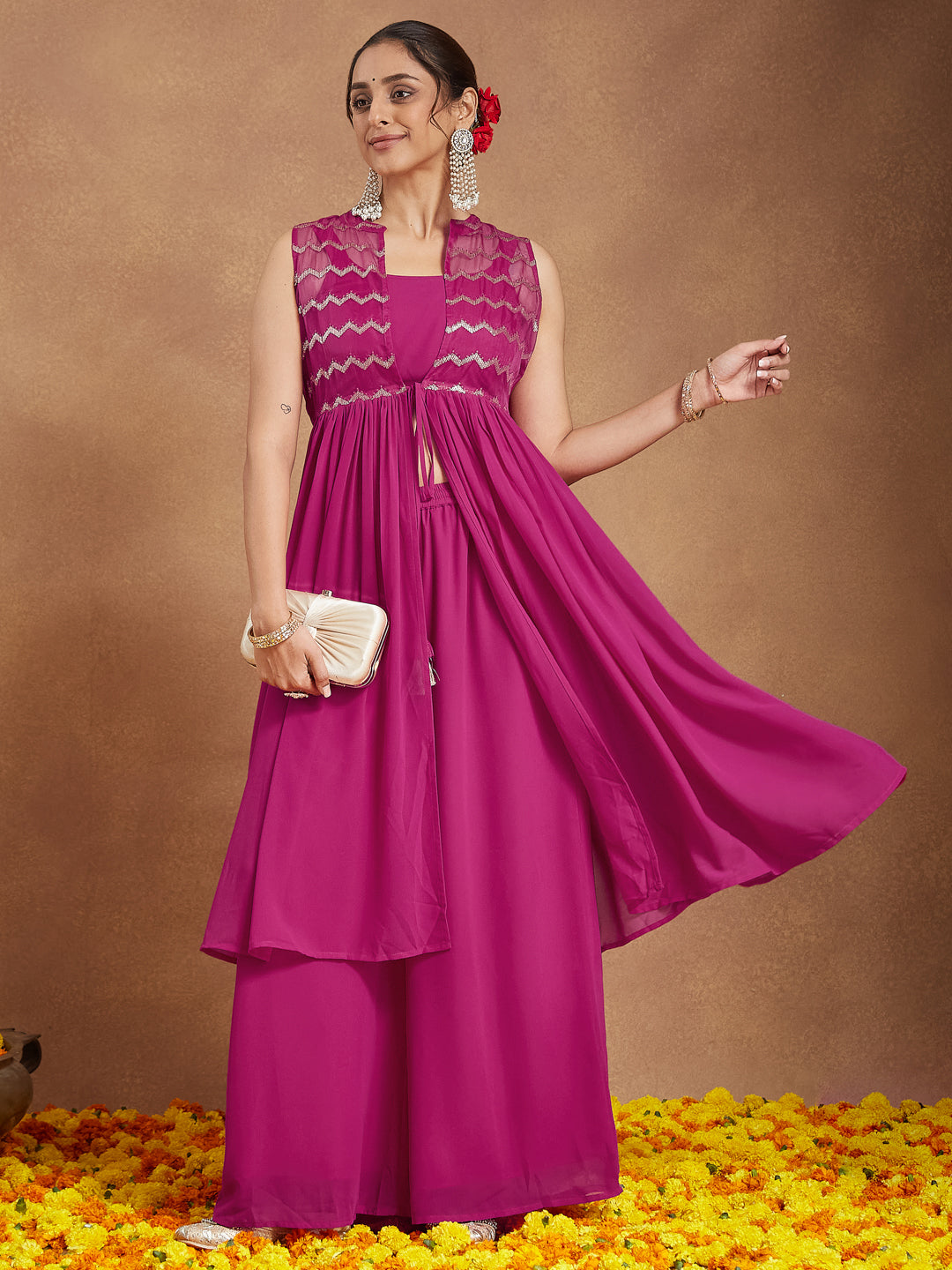 Ninnique Women's Pink Georgette Sequined Front Slit Kurta With Crop Top Palazzo Set