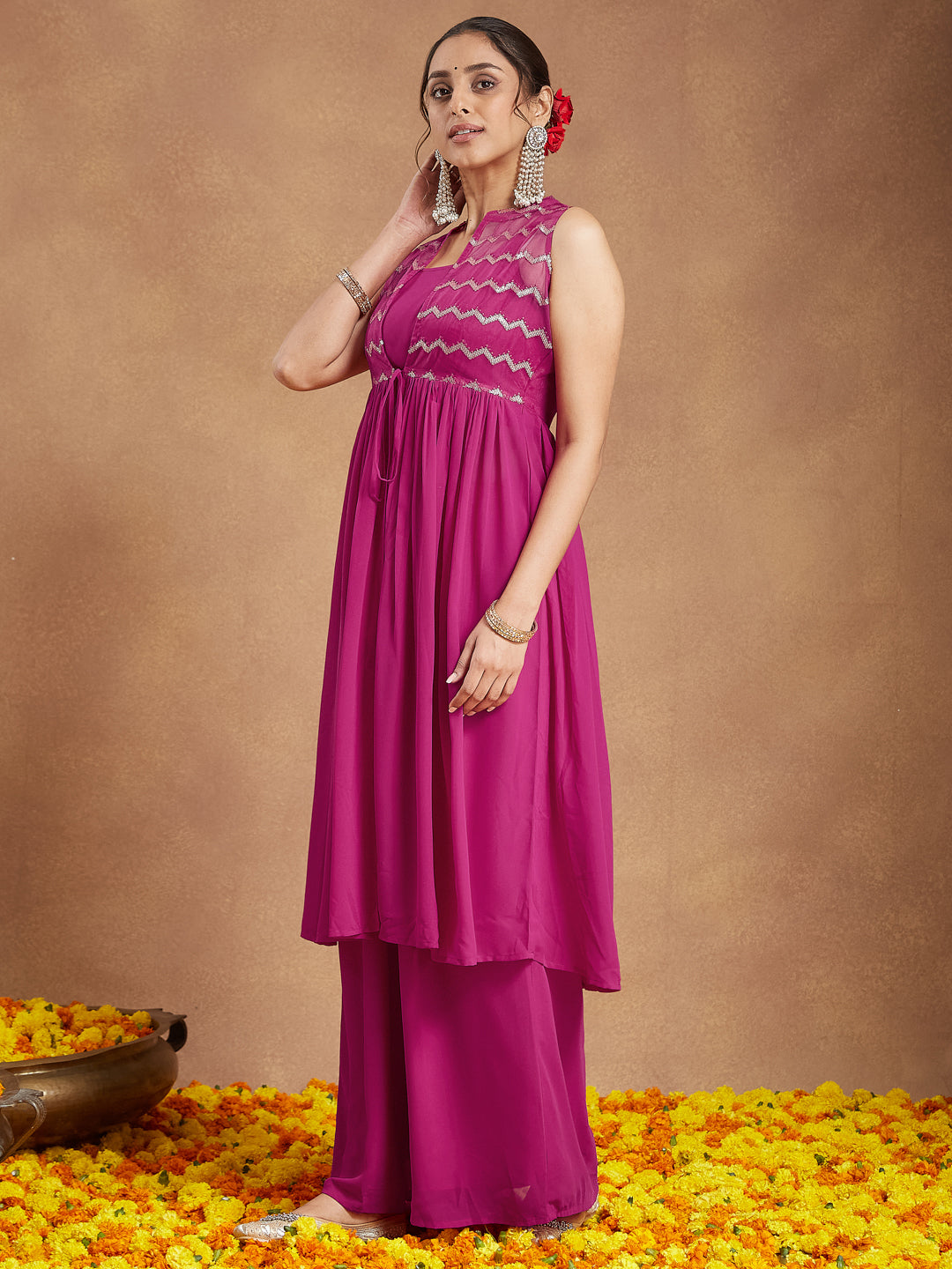 Ninnique Women's Pink Georgette Sequined Front Slit Kurta With Crop Top Palazzo Set