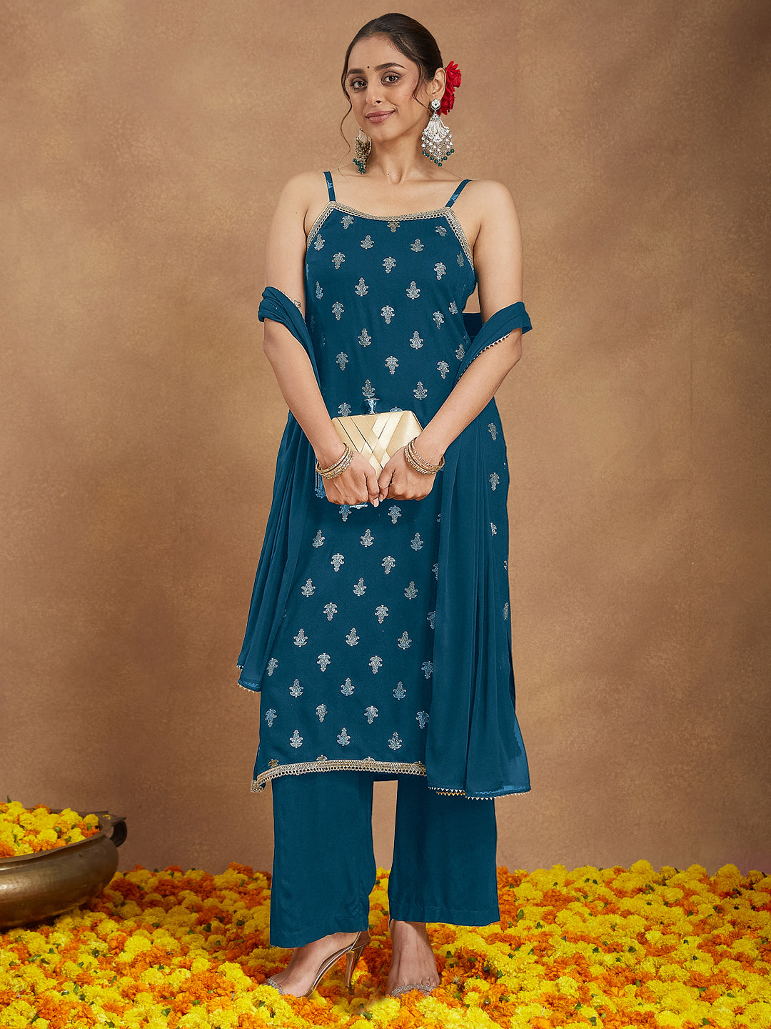 Ninnique Women's Teal Blue Rayon Embellished Gold Printed Straight Kurta Set