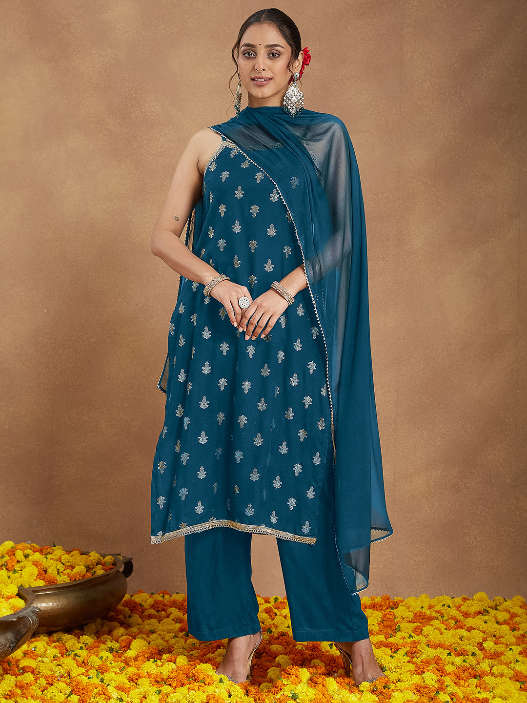 Ninnique Women's Teal Blue Rayon Embellished Gold Printed Straight Kurta Set