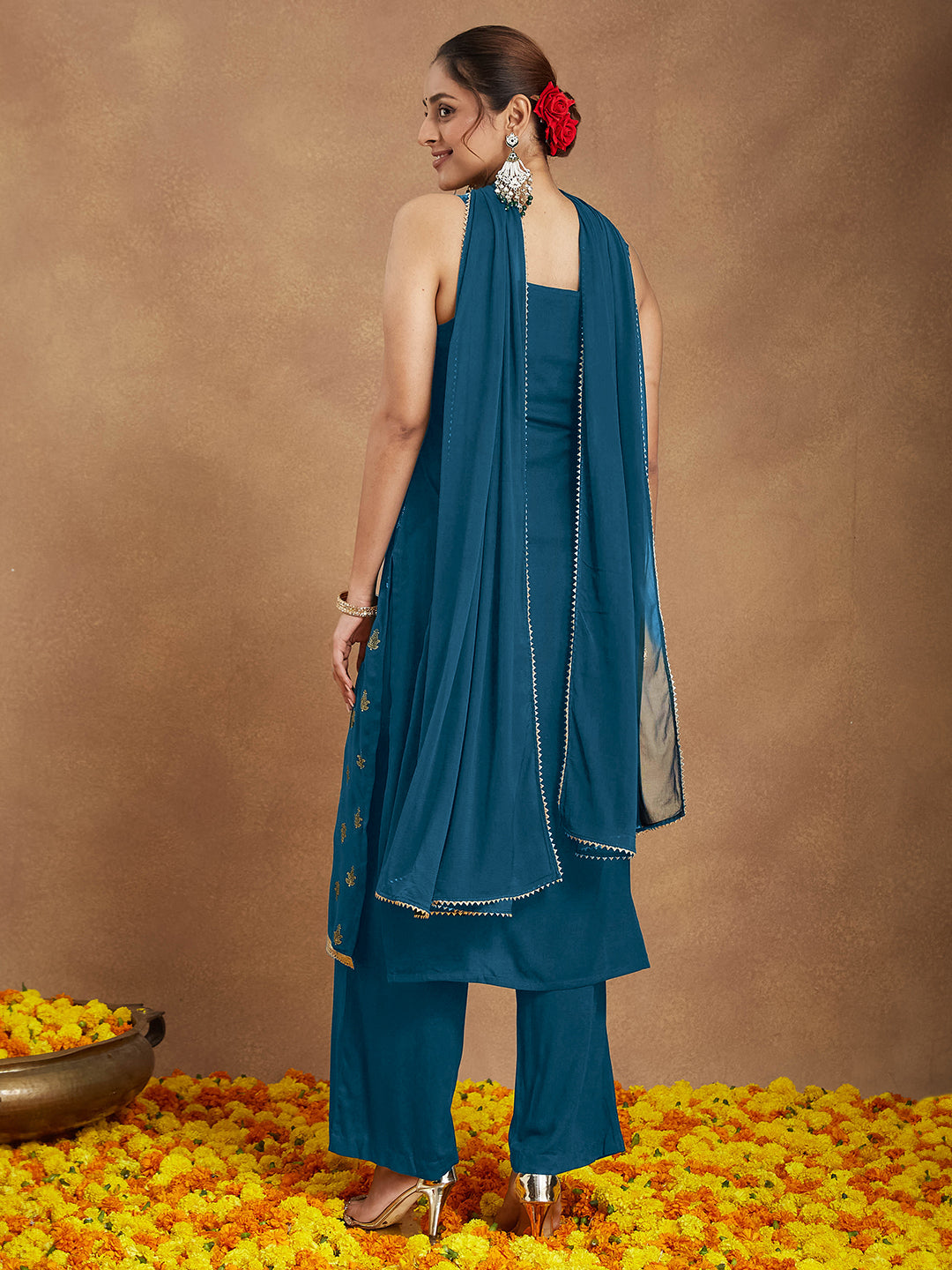 Ninnique Women's Teal Blue Rayon Embellished Gold Printed Straight Kurta Set