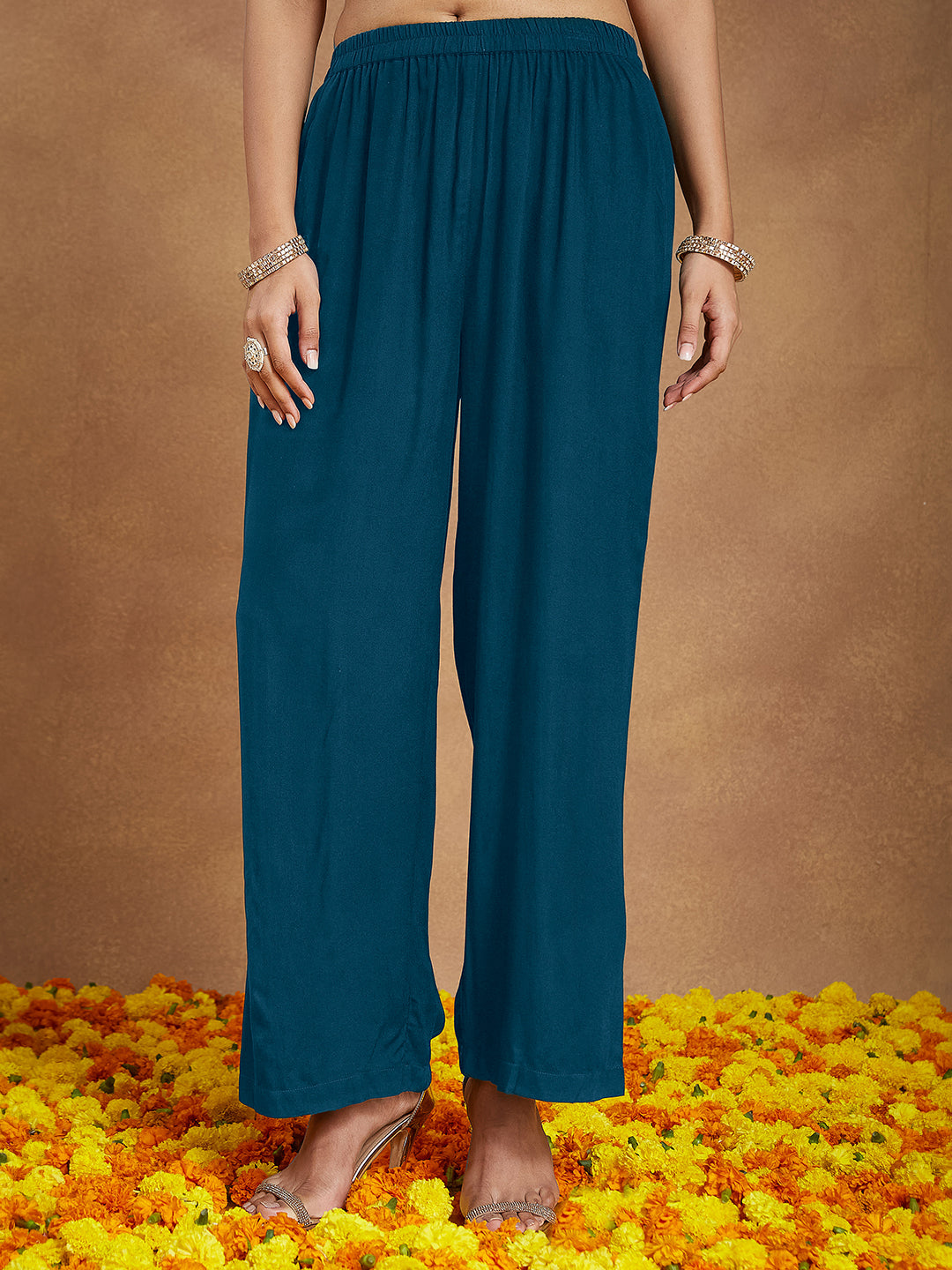 Ninnique Women's Teal Blue Rayon Embellished Gold Printed Straight Kurta Set