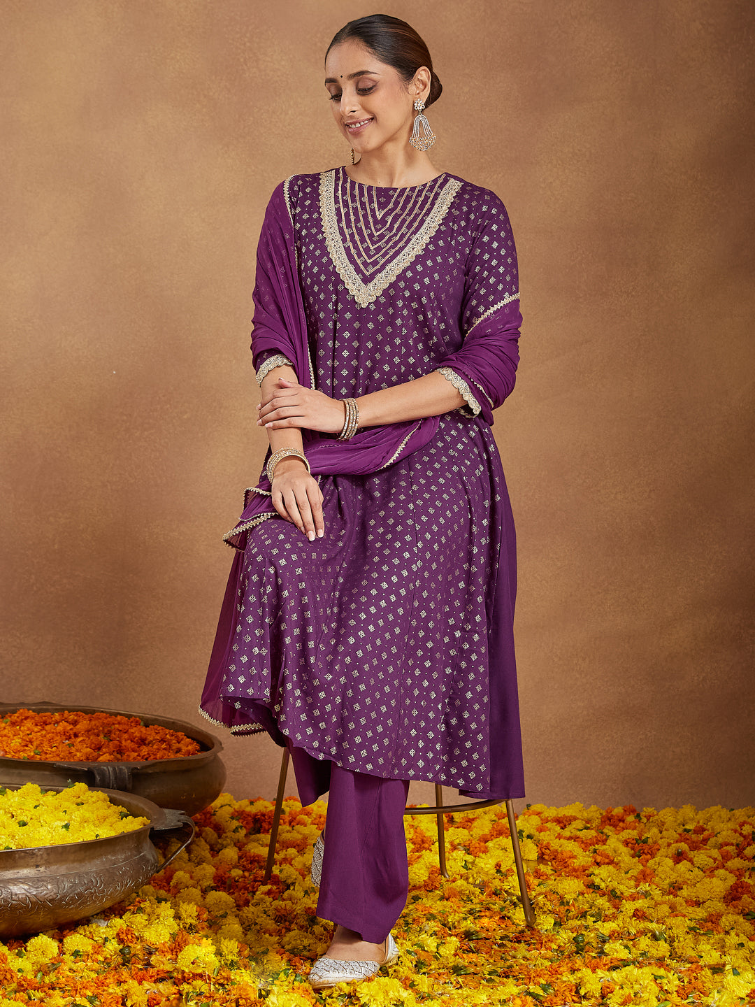 Ninnique Women's Purple Rayon Embellished Gold Printed Anarkali Kurta Set