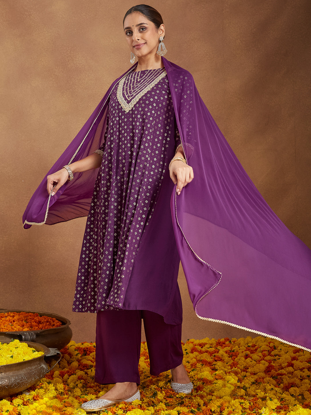 Ninnique Women's Purple Rayon Embellished Gold Printed Anarkali Kurta Set