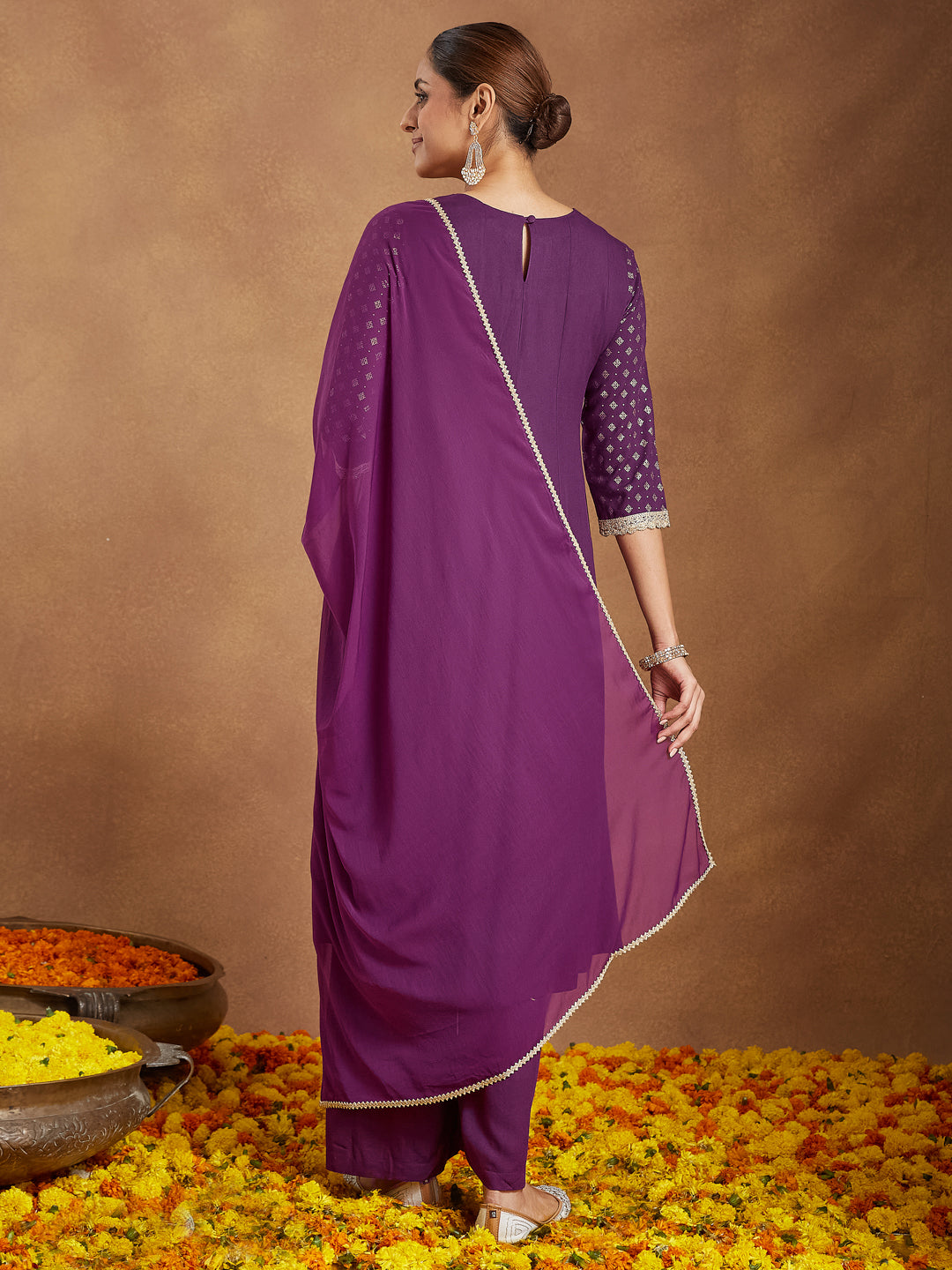 Ninnique Women's Purple Rayon Embellished Gold Printed Anarkali Kurta Set