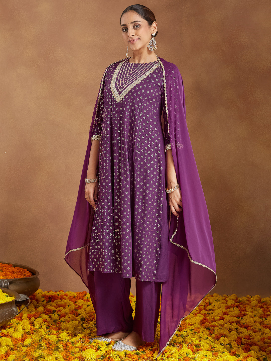 Ninnique Women's Purple Rayon Embellished Gold Printed Anarkali Kurta Set