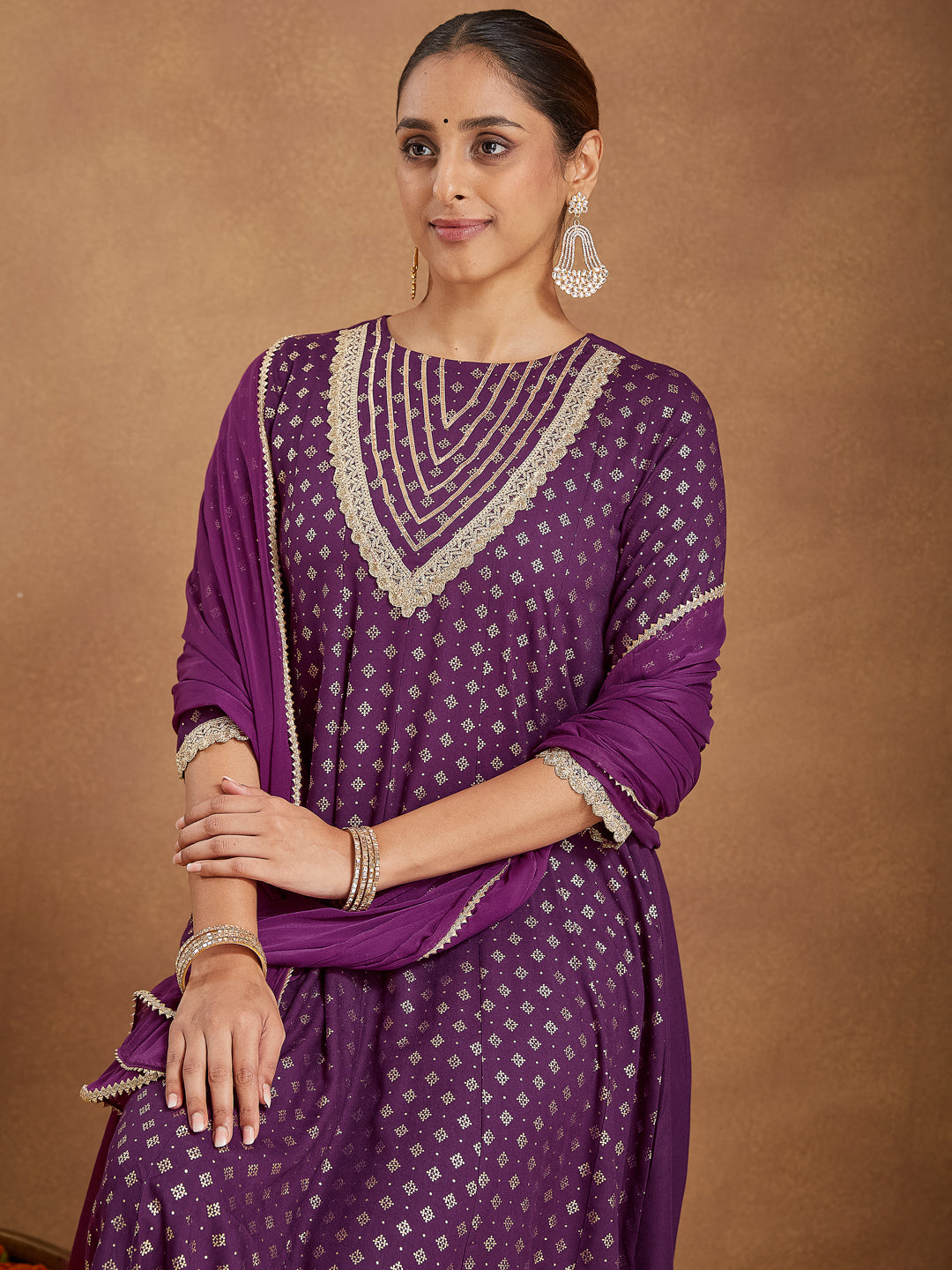 Ninnique Women's Purple Rayon Embellished Gold Printed Anarkali Kurta Set