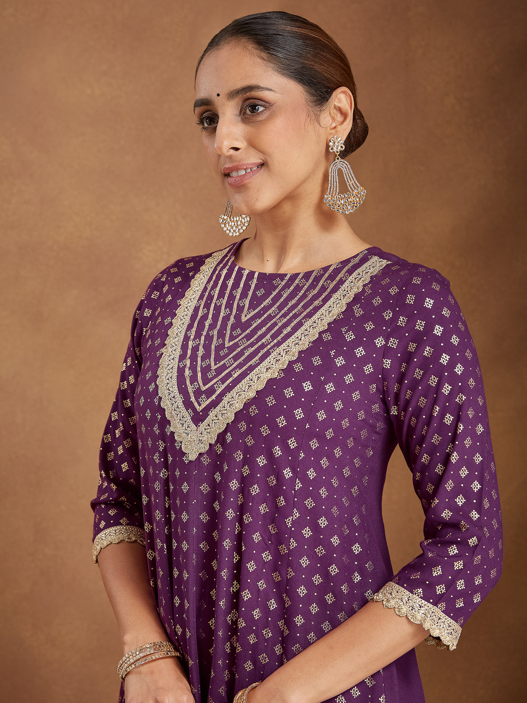 Ninnique Women's Purple Rayon Embellished Gold Printed Anarkali Kurta Set