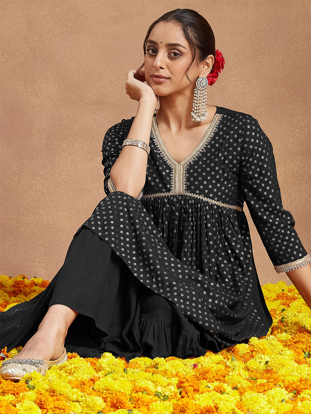 Ninnique Women's Black Rayon Foil Printed A-line Kurta With Sharara & Dupatta Set