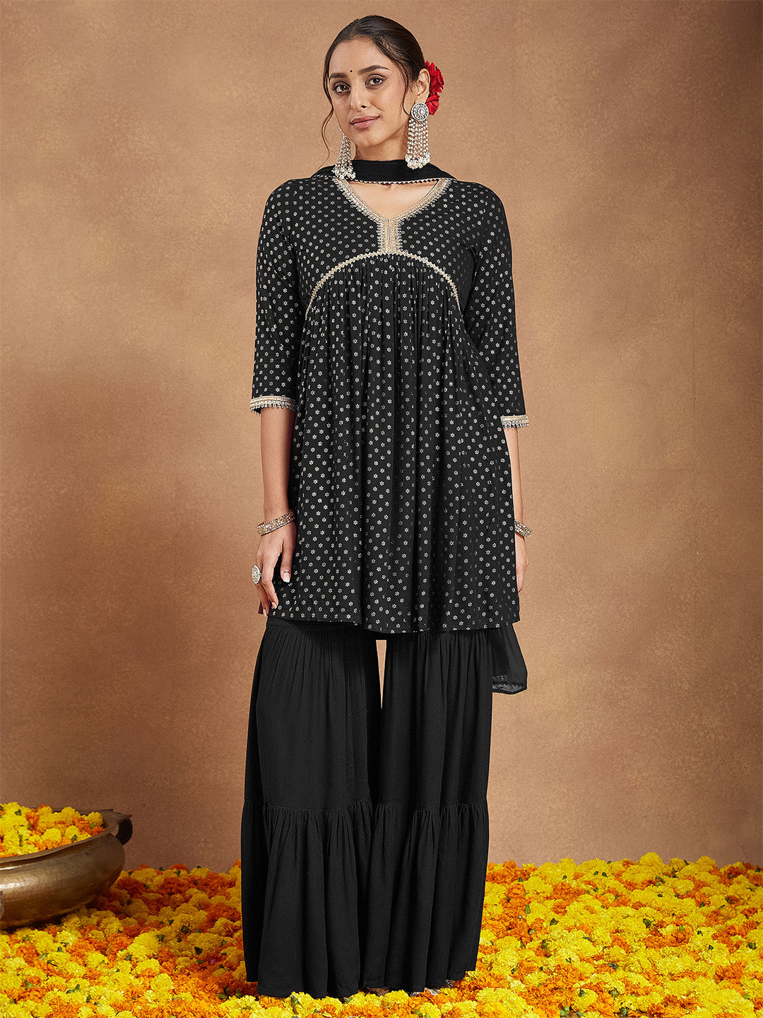 Ninnique Women's Black Rayon Foil Printed A-line Kurta With Sharara & Dupatta Set
