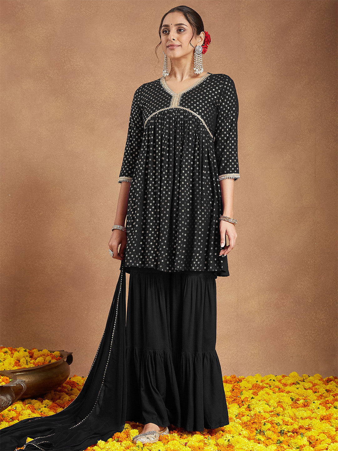 Ninnique Women's Black Rayon Foil Printed A-line Kurta With Sharara & Dupatta Set