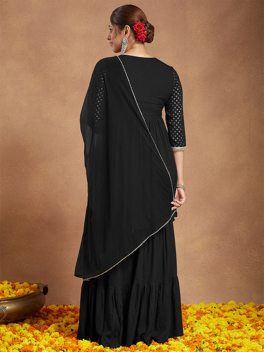 Ninnique Women's Black Rayon Foil Printed A-line Kurta With Sharara & Dupatta Set
