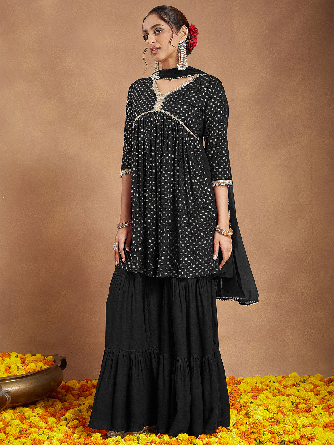 Ninnique Women's Black Rayon Foil Printed A-line Kurta With Sharara & Dupatta Set
