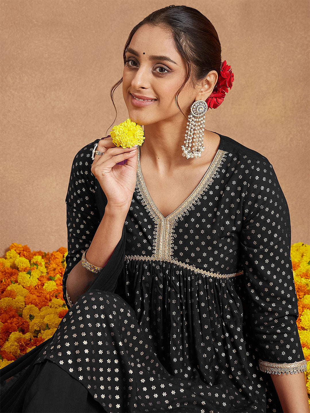 Ninnique Women's Black Rayon Foil Printed A-line Kurta With Sharara & Dupatta Set
