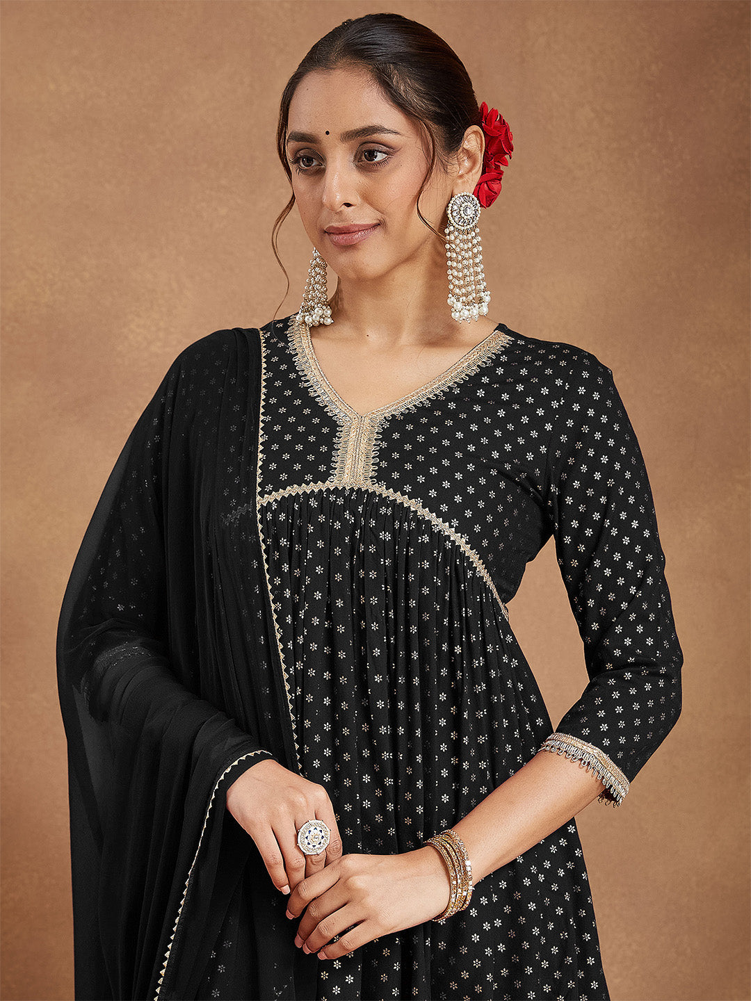 Ninnique Women's Black Rayon Foil Printed A-line Kurta With Sharara & Dupatta Set
