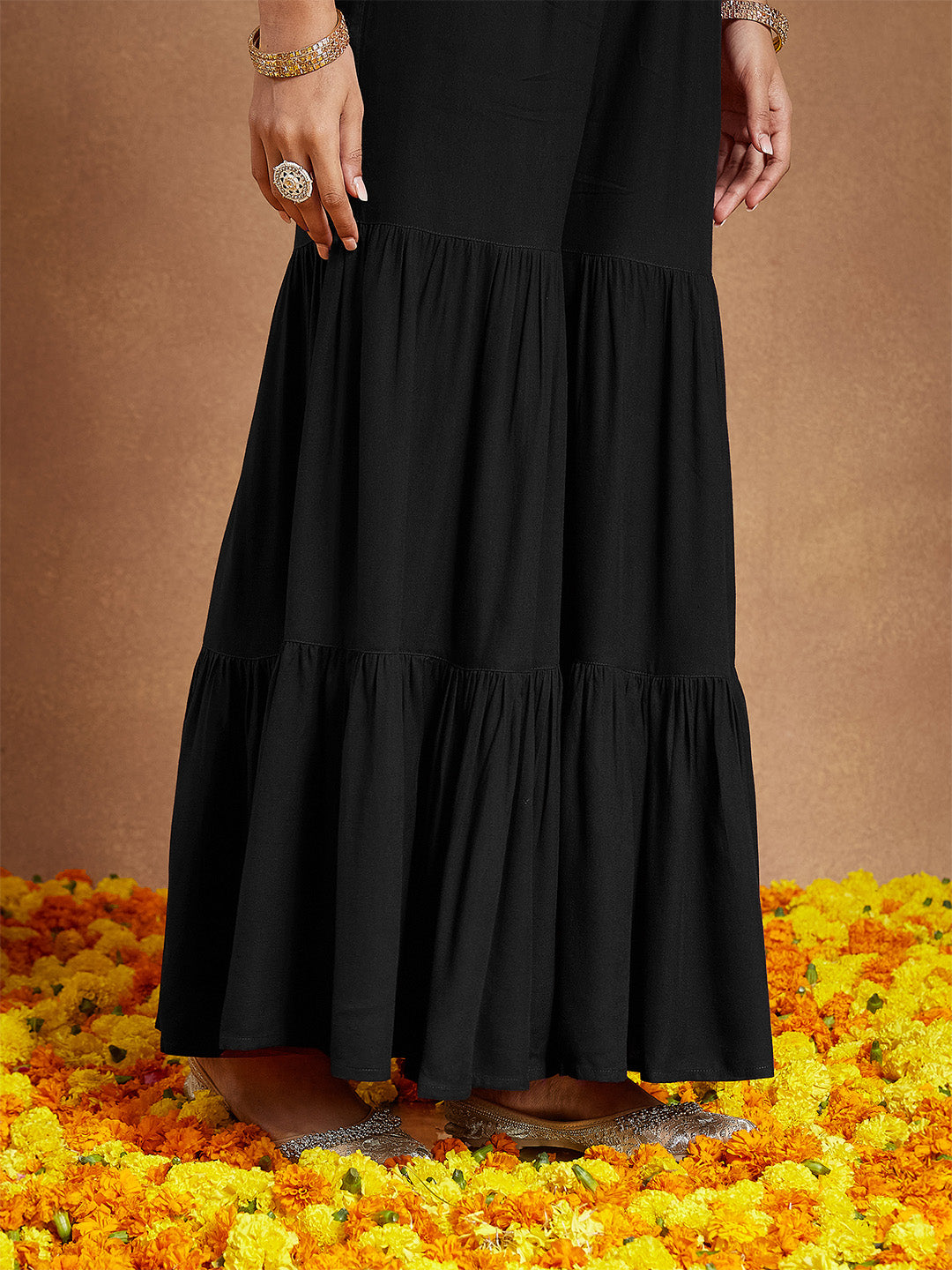 Ninnique Women's Black Rayon Foil Printed A-line Kurta With Sharara & Dupatta Set
