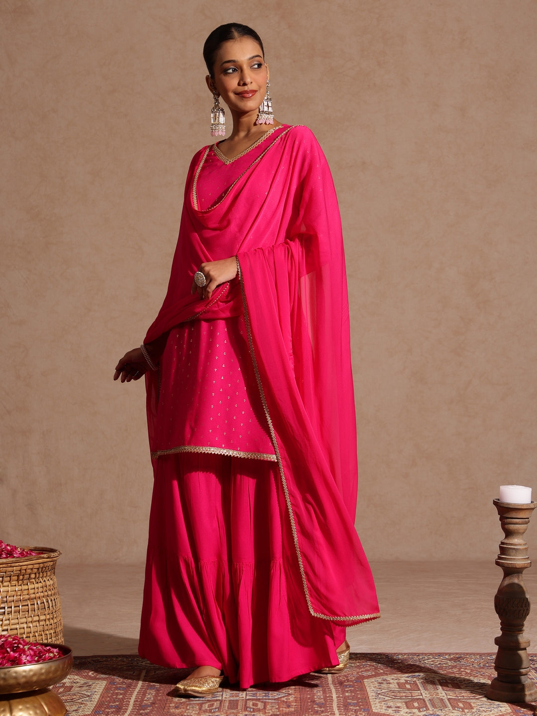 Ninnique Women's Pink Rayon Embellished Gold Printed Straight Kurta With Sharara & Dupatta Set