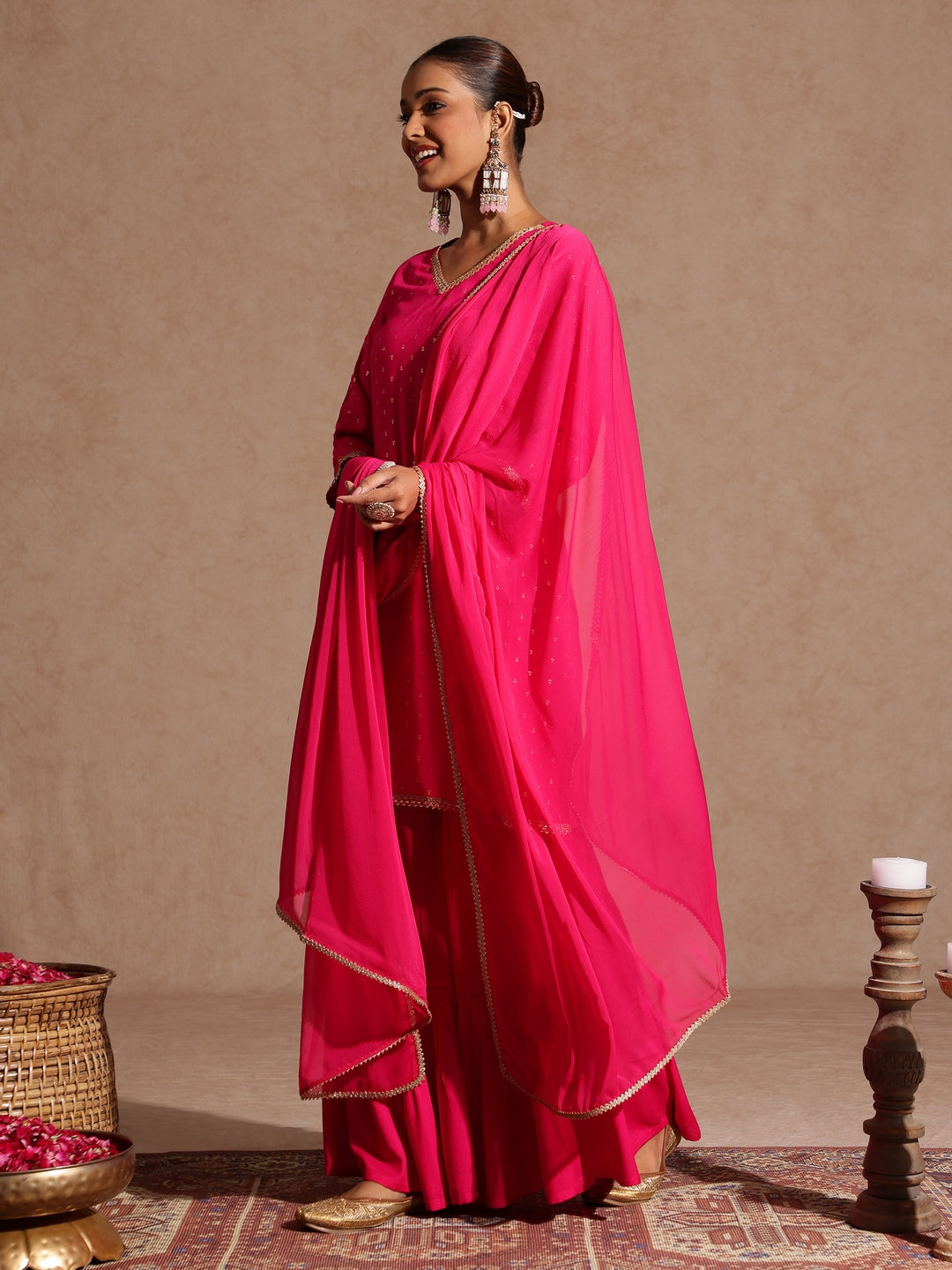 Ninnique Women's Pink Rayon Embellished Gold Printed Straight Kurta With Sharara & Dupatta Set