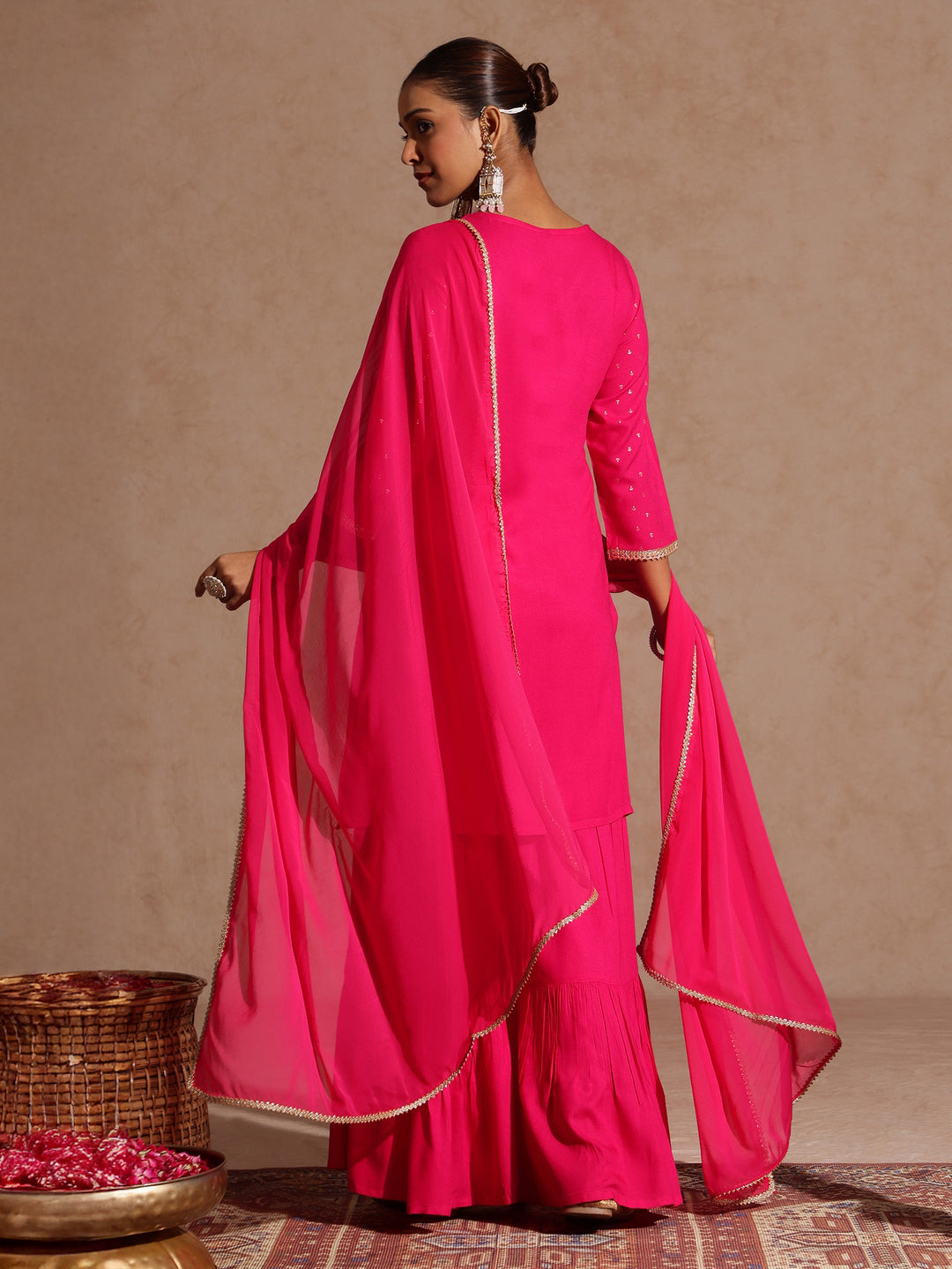 Ninnique Women's Pink Rayon Embellished Gold Printed Straight Kurta With Sharara & Dupatta Set