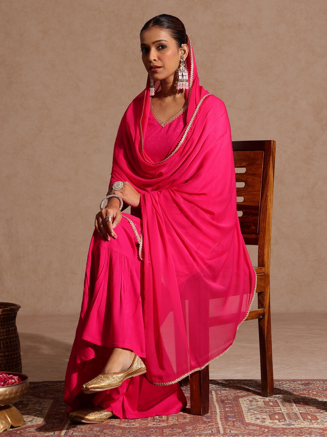 Ninnique Women's Pink Rayon Embellished Gold Printed Straight Kurta With Sharara & Dupatta Set