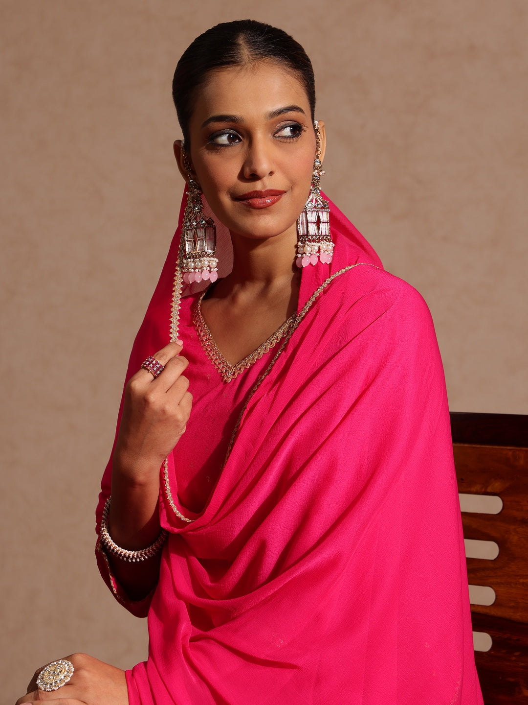 Ninnique Women's Pink Rayon Embellished Gold Printed Straight Kurta With Sharara & Dupatta Set