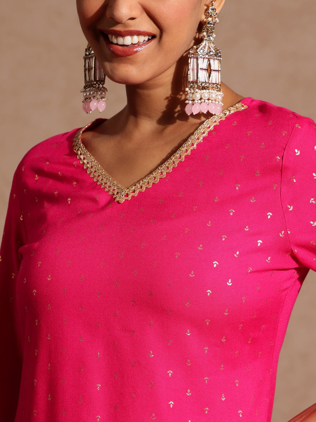 Ninnique Women's Pink Rayon Embellished Gold Printed Straight Kurta With Sharara & Dupatta Set